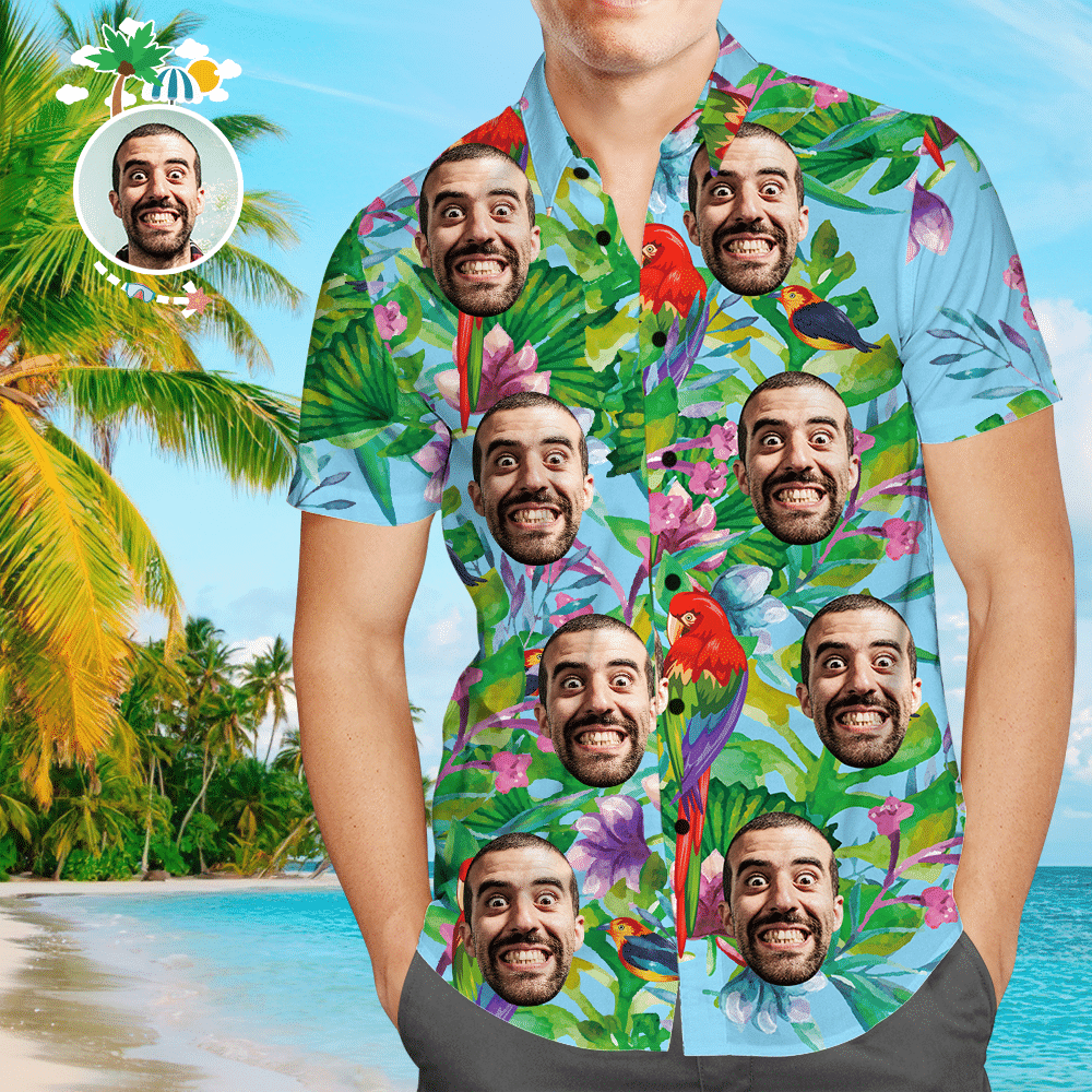 Custom Face Mens Hawaiian Shirt Parrot Colorful Short Sleeve Summer Beach Casual Shirt For Men And Women