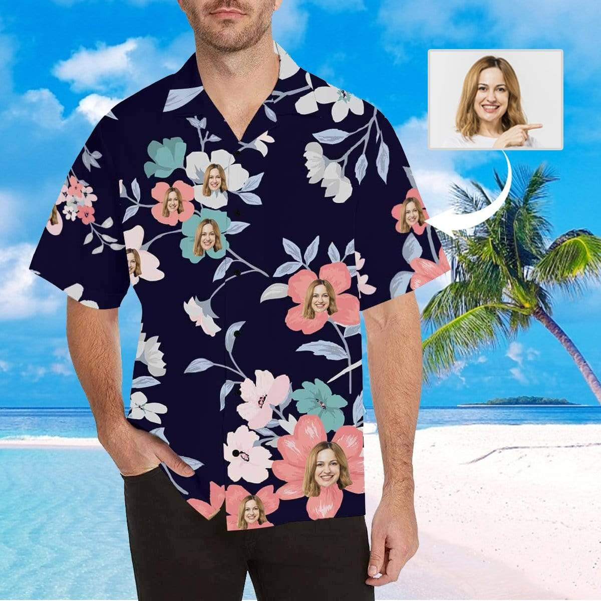 Custom Face Navy Blue Pink Flower Mens All Over Print Hawaiian Shirt Colorful Short Sleeve Summer Beach Casual Shirt For Men And Women