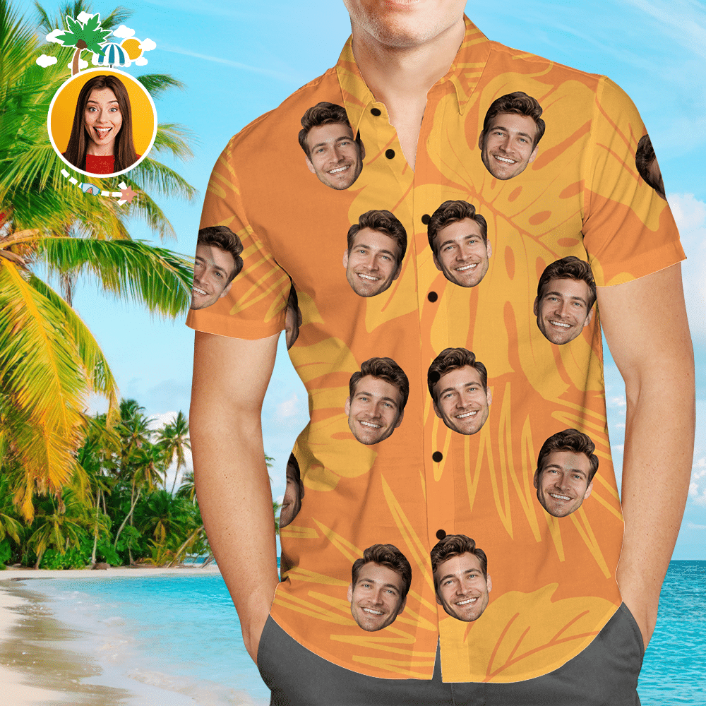 Custom Face Orange Hawaiian Shirt Leaves Colorful Short Sleeve Summer Beach Casual Shirt For Men And Women