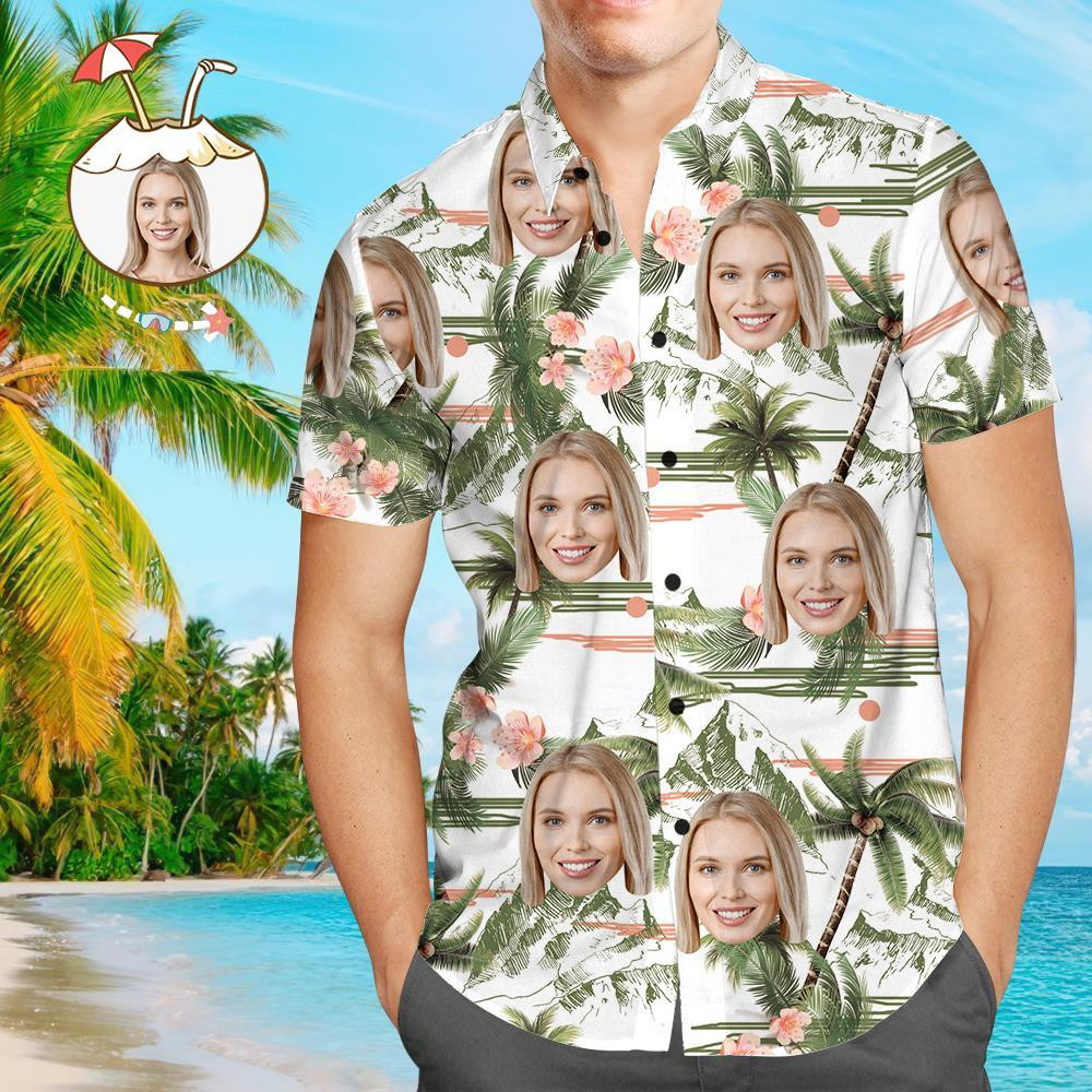 Custom Face Personalized Hawaiian Shirt All Over Print Coconut Tree Colorful Short Sleeve Summer Beach Casual Shirt For Men And Women