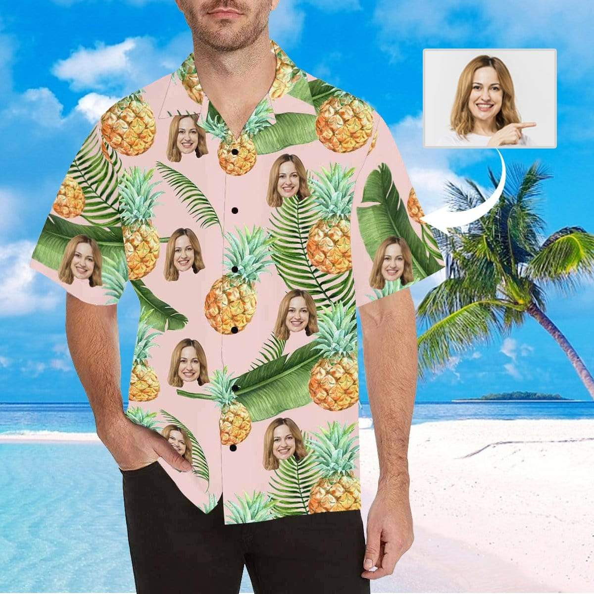 Custom Face Pink Backgroud Yellow Pineapple Mens All Over Print Hawaiian Shirt Colorful Short Sleeve Summer Beach Casual Shirt For Men And Women