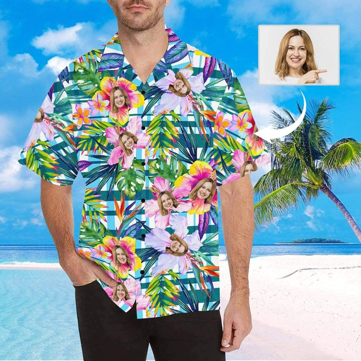 Custom Face Plaid Flower Mens All Over Print Hawaiian Shirt Colorful Short Sleeve Summer Beach Casual Shirt For Men And Women