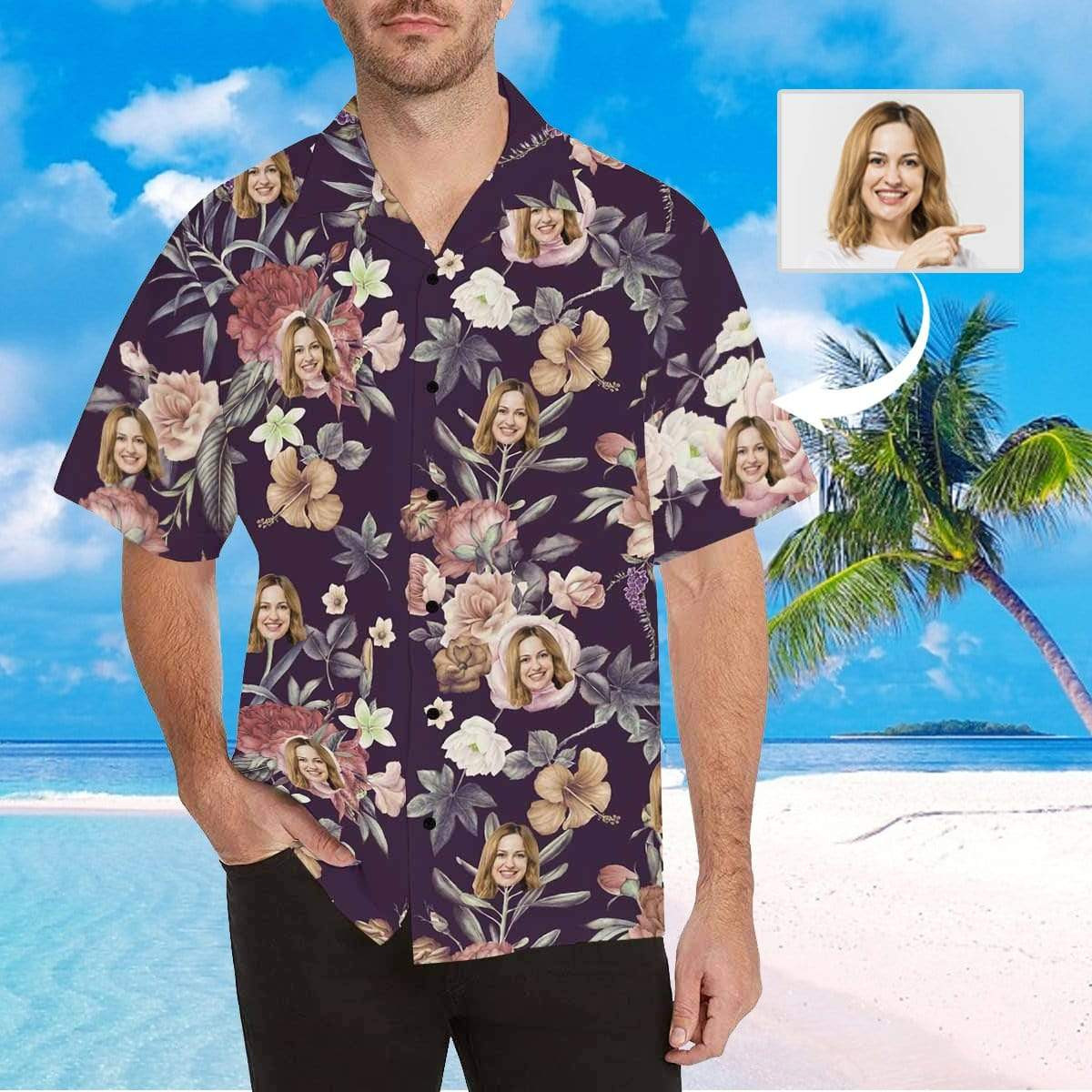 Custom Face Purple Background White Flower Mens All Over Print Hawaiian Shirt Colorful Short Sleeve Summer Beach Casual Shirt For Men And Women