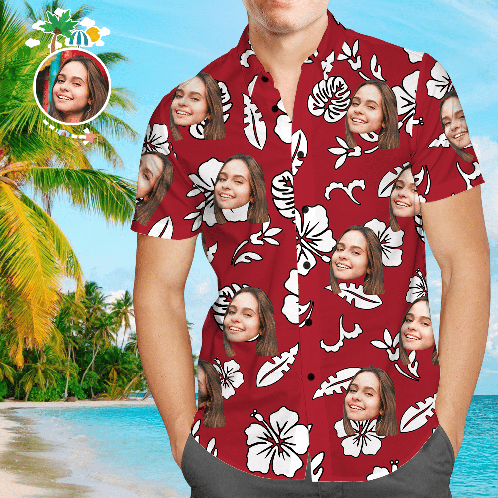 Custom Face Red Hawaiian Shirt Flowers And Leaves Colorful Short Sleeve Summer Beach Casual Shirt For Men And Women