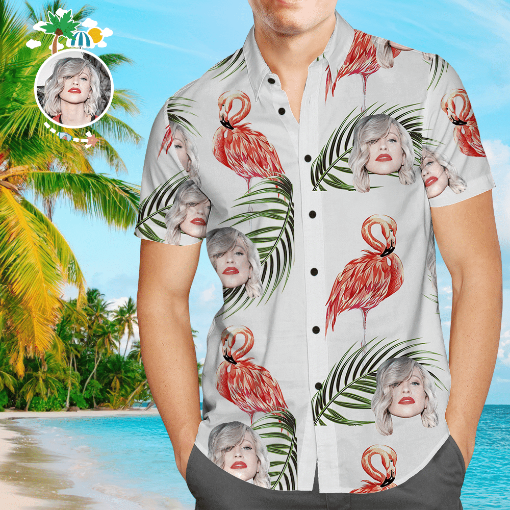 Custom Face Shirt Mens Hawaiian Red Flamingo Colorful Short Sleeve Summer Beach Casual Shirt For Men And Women