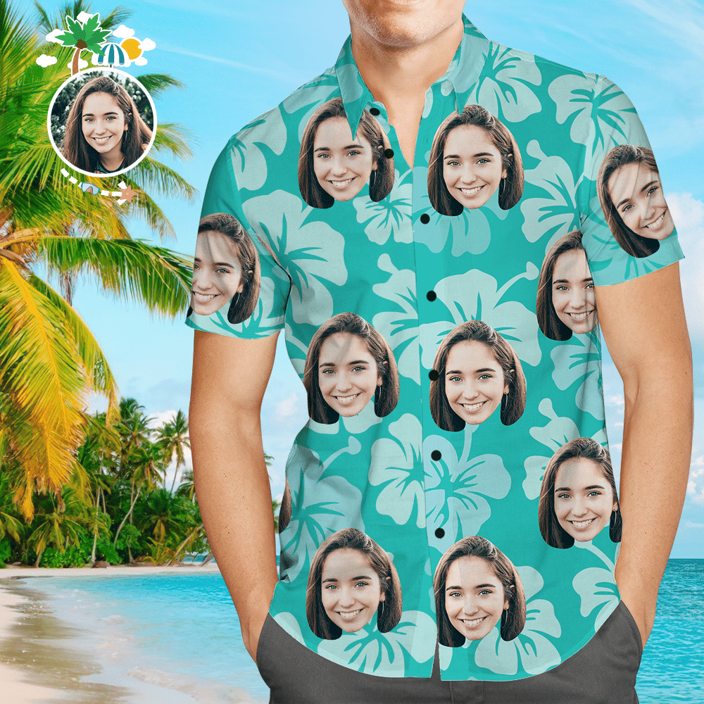 Custom Face Shirt Mens Hawaiian Shirt Blue Colorful Short Sleeve Summer Beach Casual Shirt For Men And Women