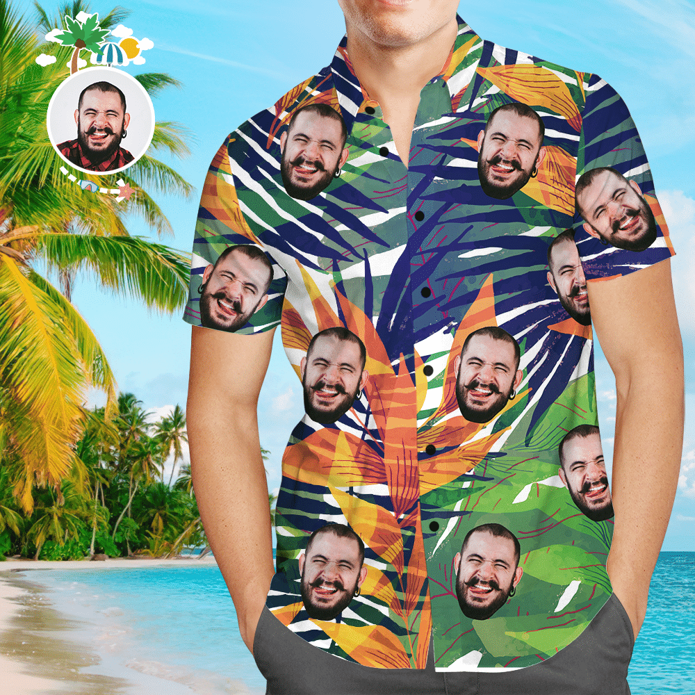 Custom Face Shirt Mens Hawaiian Shirt Colorful Leaves Colorful Short Sleeve Summer Beach Casual Shirt For Men And Women