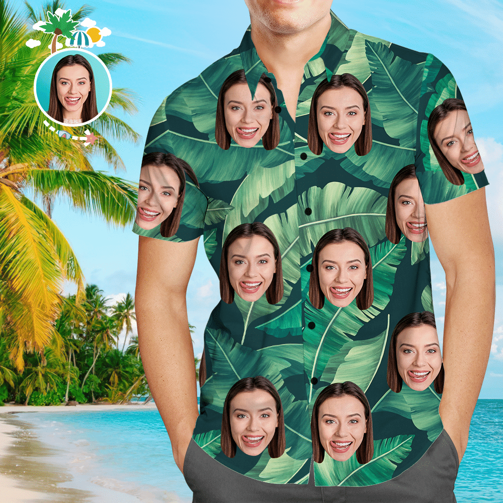 Custom Face Shirt Mens Hawaiian Shirt Green Colorful Short Sleeve Summer Beach Casual Shirt For Men And Women