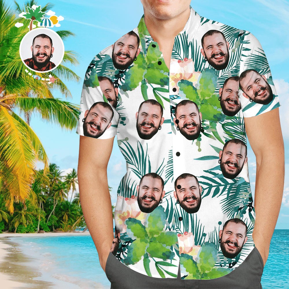 Custom Face Shirt Mens Hawaiian Shirt Green Flower Colorful Short Sleeve Summer Beach Casual Shirt For Men And Women