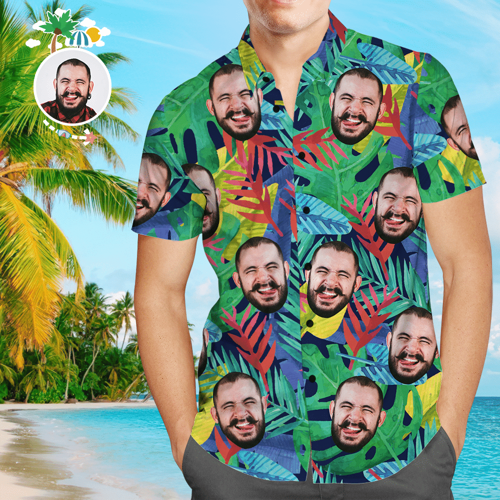 Custom Face Shirt Mens Hawaiian Shirt Multicolor Leaves Colorful Short Sleeve Summer Beach Casual Shirt For Men And Women