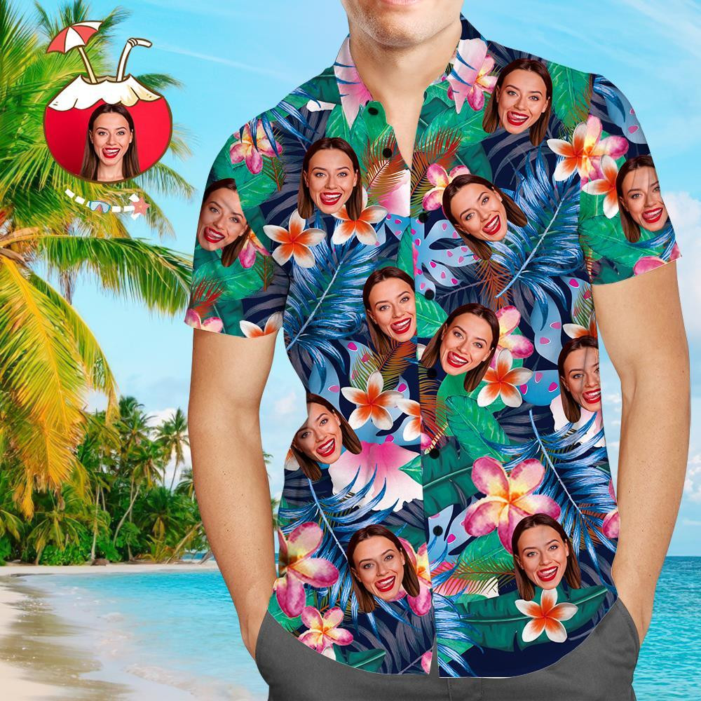 Custom Face Shirt Mens Hawaiian Shirt Personalized Photo Colorful Flowers Tshirts Colorful Short Sleeve Summer Beach Casual Shirt For Men And Women