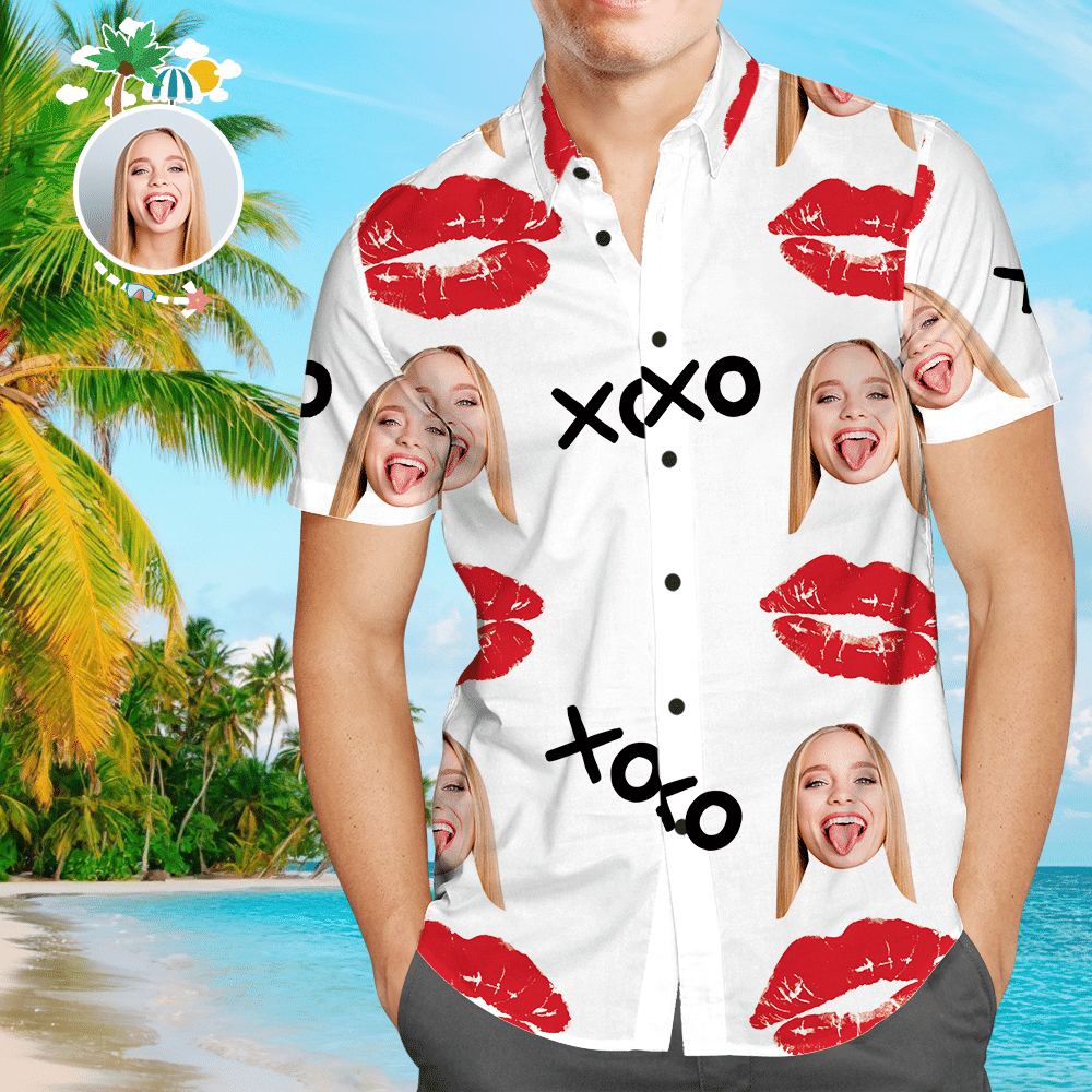 Custom Face Shirt Mens Hawaiian Shirt Red Lips Colorful Short Sleeve Summer Beach Casual Shirt For Men And Women