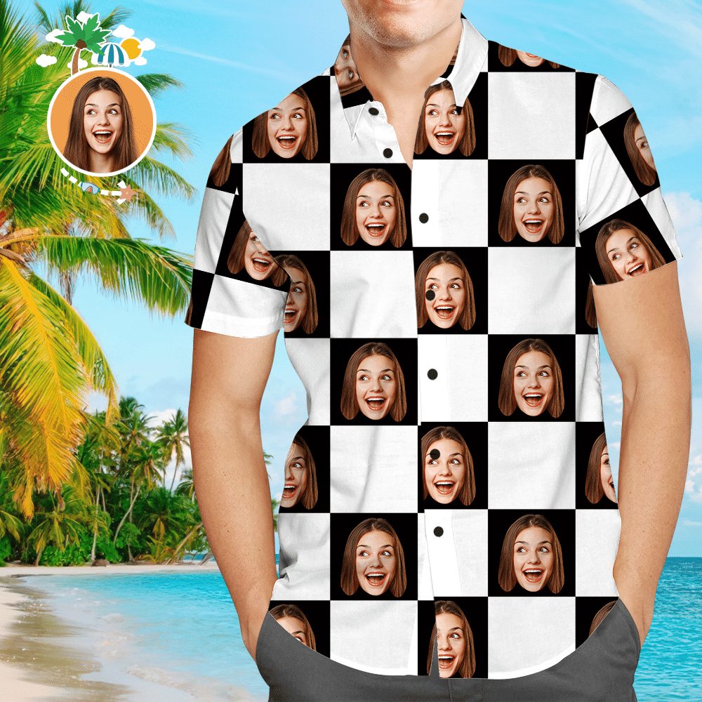 Custom Face Shirt Mens Hawaiian Square Grid Colorful Short Sleeve Summer Beach Casual Shirt For Men And Women