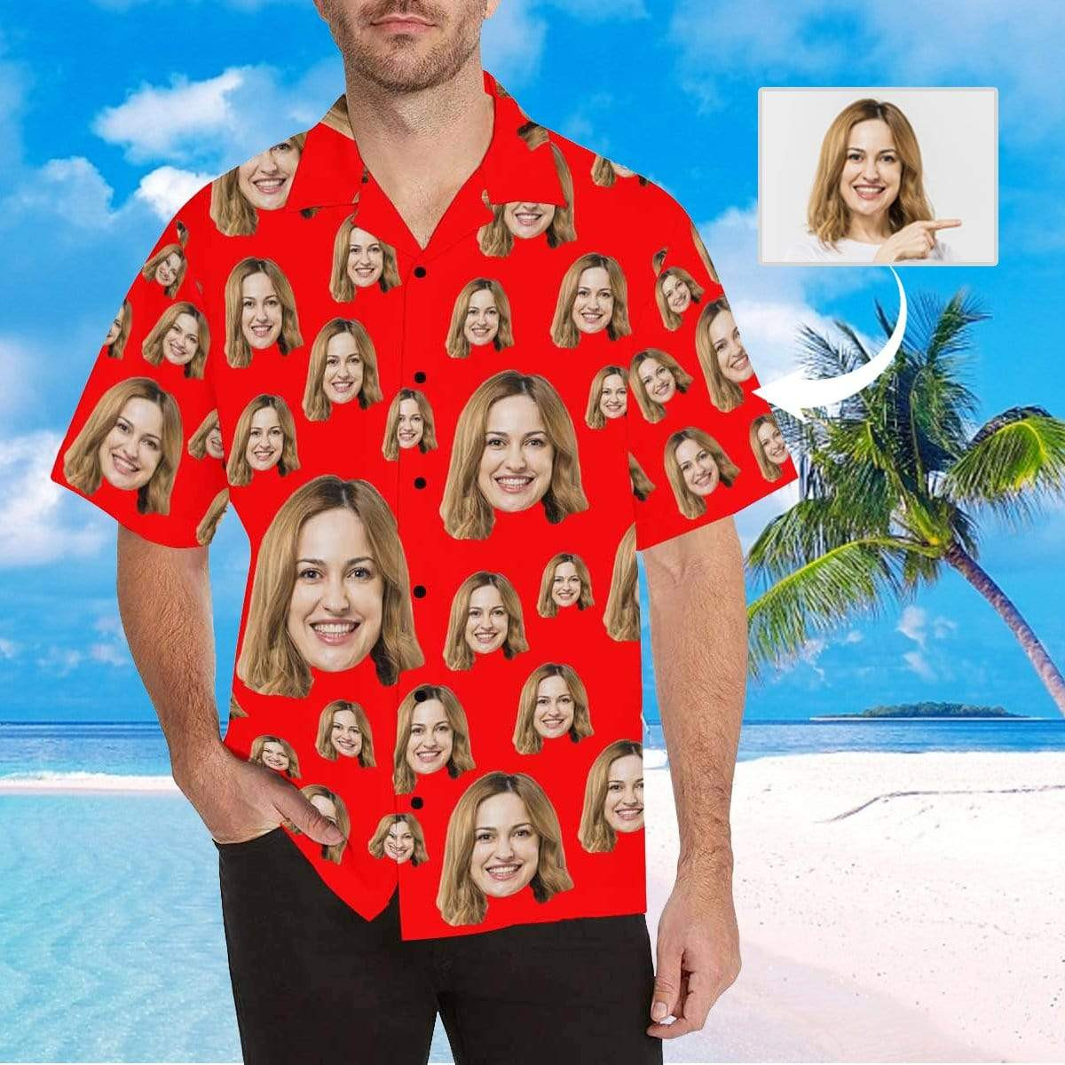 Custom Face Solid Red Color Mens All Over Print Hawaiian Shirt Colorful Short Sleeve Summer Beach Casual Shirt For Men And Women