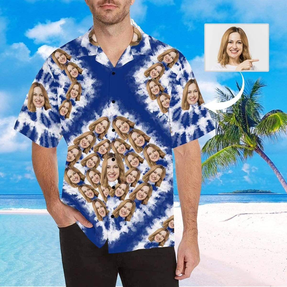 Custom Face Square Blue Mens All Over Print Hawaiian Shirt Colorful Short Sleeve Summer Beach Casual Shirt For Men And Women