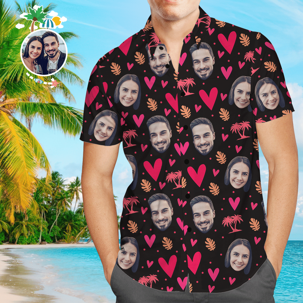 Custom Face Tree And Leaves Love Heart Mens All Over Print Couple Hawaiian Shirt Colorful Short Sleeve Summer Beach Casual Shirt For Men And Women