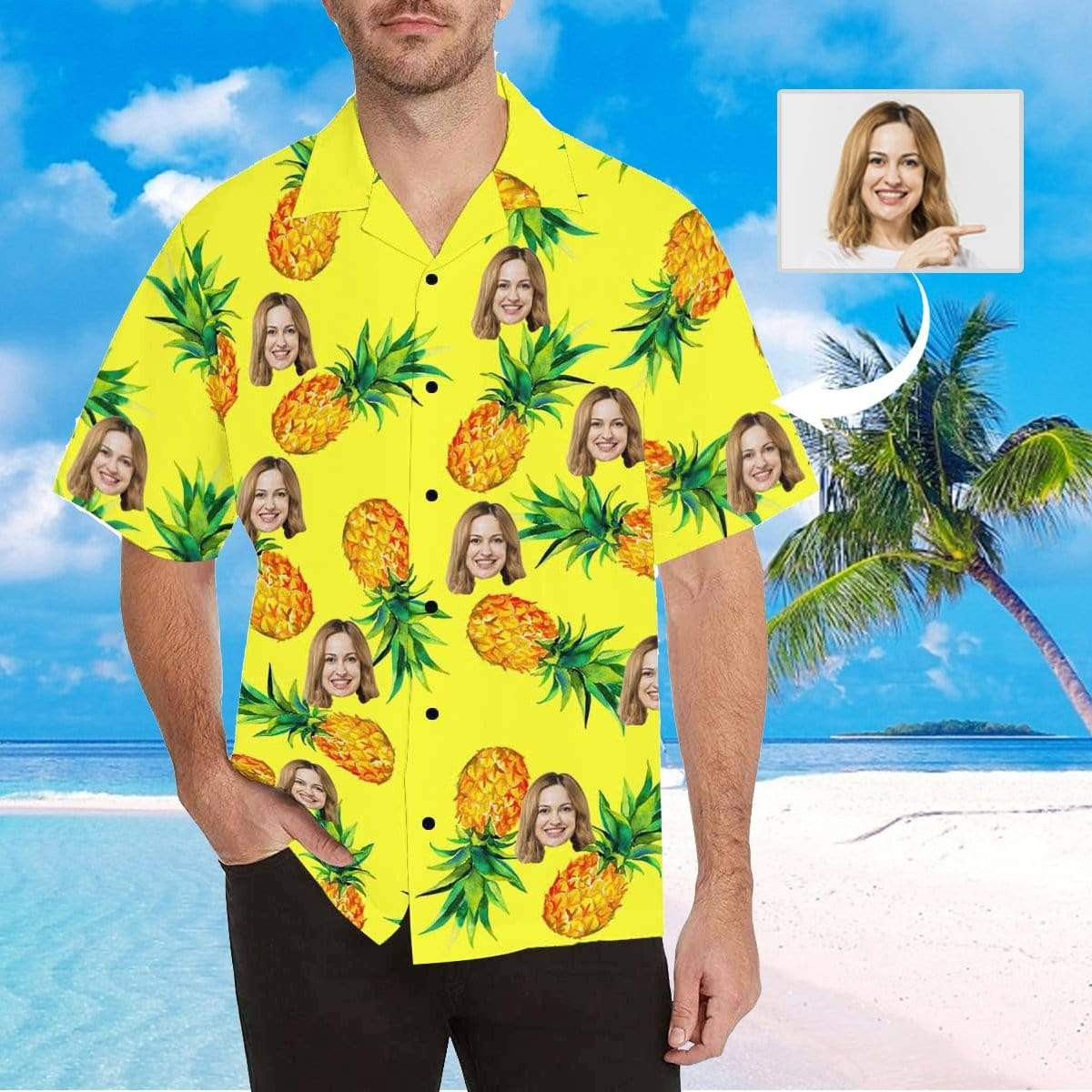 Custom Face Yellow Pineapple Green Leaves Mens All Over Print Hawaiian Shirt Colorful Short Sleeve Summer Beach Casual Shirt For Men And Women