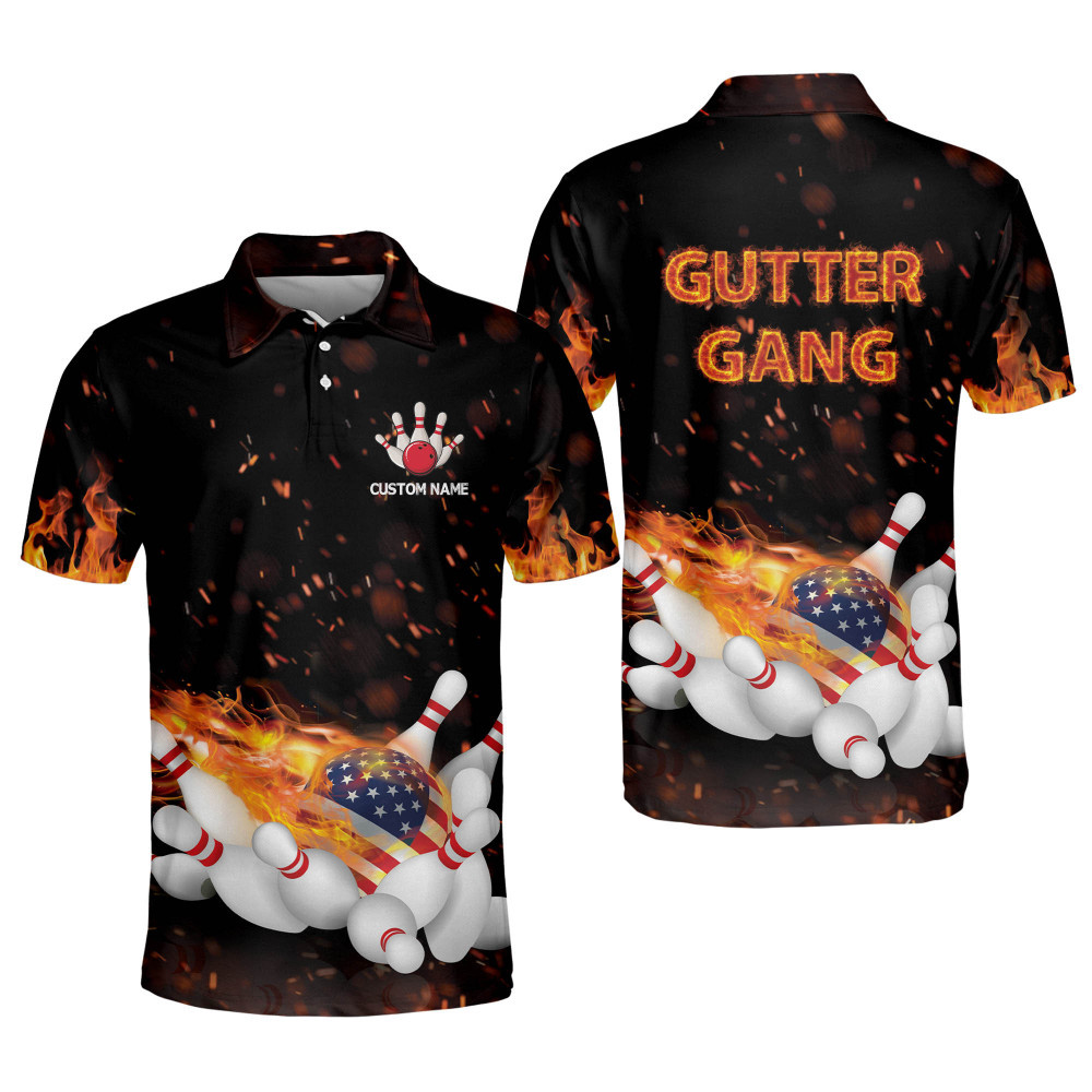 Custom Flame Bowling Shirt for Men Bowling Polo Shirts Short Sleeve Funny Bowling Team Polo USA Flag Bowling Shirt