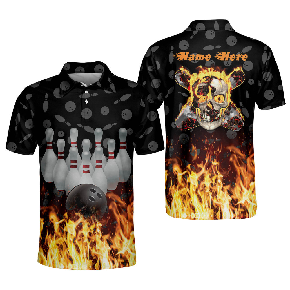 Custom Flame Bowling Shirt for Men Bowling Polo Shirts Short Sleeve Skull Fire Bowling Shirt Team Bowling Polo Shirts