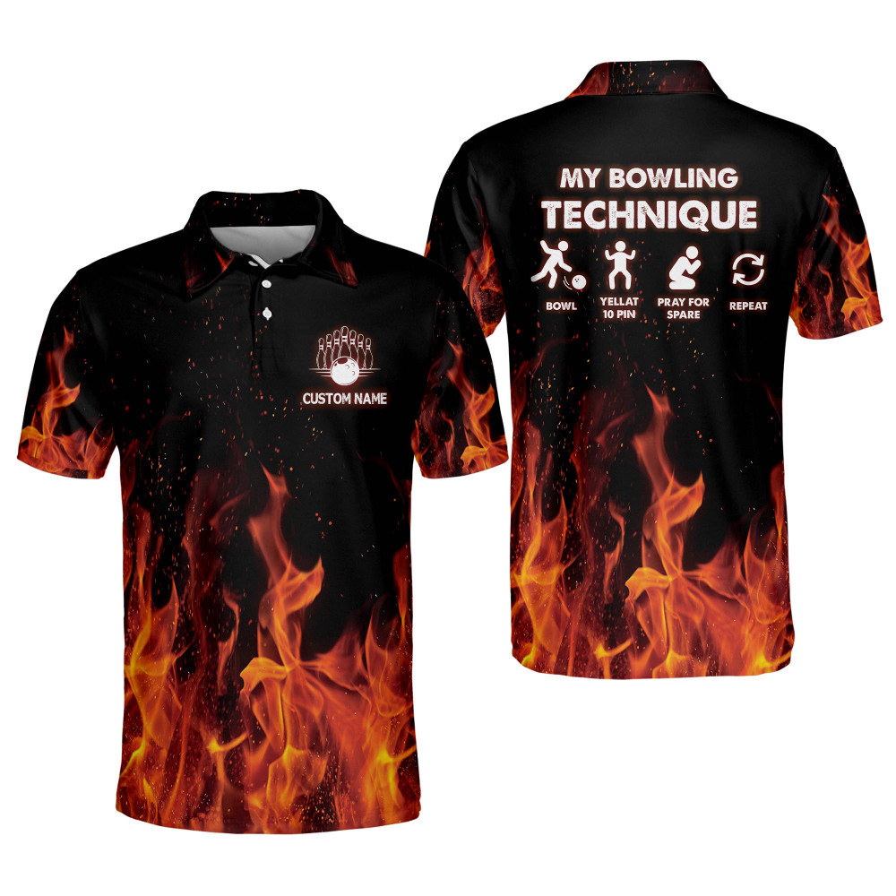 Custom Flames Bowling Shirt for Men My Bowling Technique Polo Shirts Short Sleeve Funny Bowling Team Polo