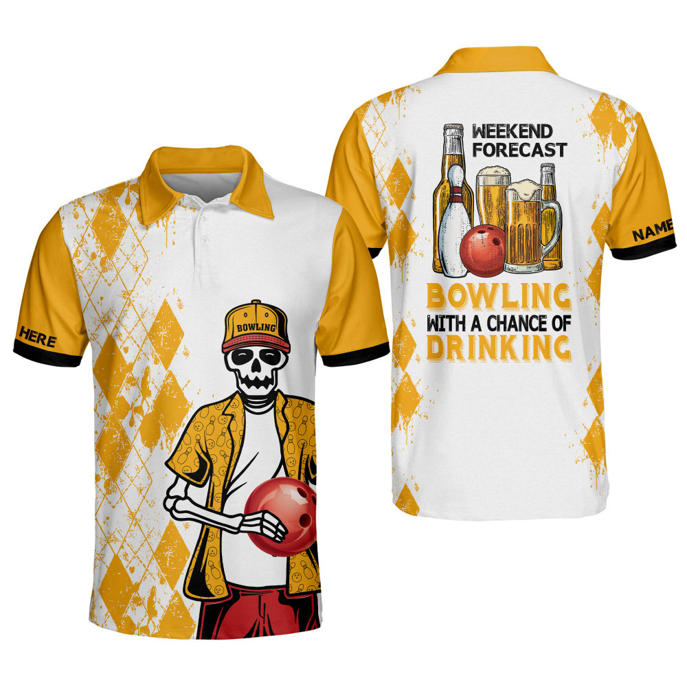 Custom Funny Bowling Shirt Retro for Men Weekend Forecast Bowling Skull Polo Shirt Bowling Shirts Short Sleeve