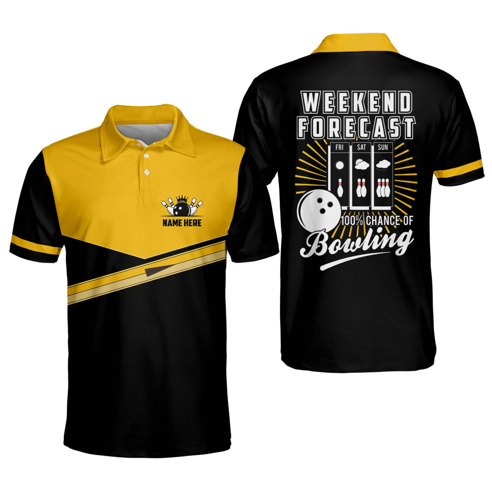 Custom Funny Bowling Shirts for Men Mens Bowling Shirts Short Sleeve Polo Weekend Forecast Chance of Bowling Polo Shirt