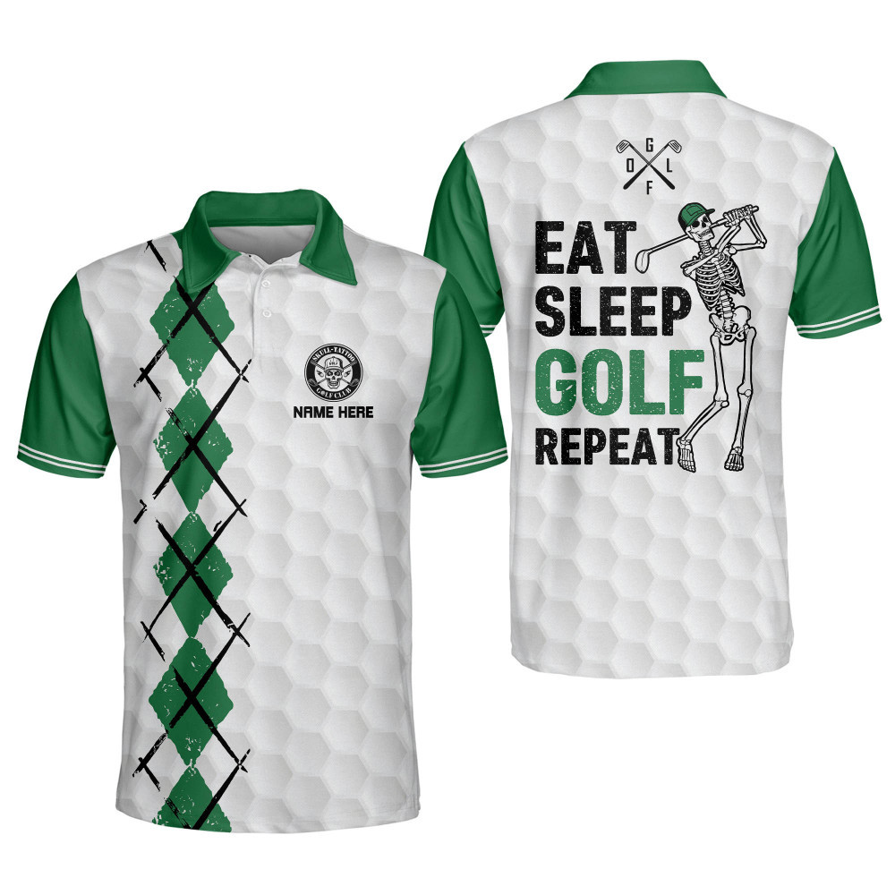 Custom Funny Golf Shirts for Men Eat Sleep Golf Repeat Mens Skull Golf Shirts Dry Fit Short Sleeve Crazy Golf Shirts