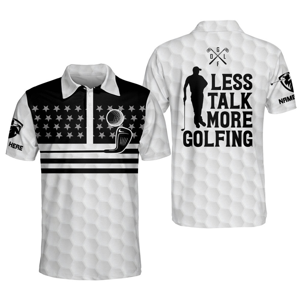 Custom Funny Golf Shirts for Men Less Talk More Golfing Mens Golf Polo Shirts Dry Fit Short Sleeve Patriotic Golf Shirts for Men