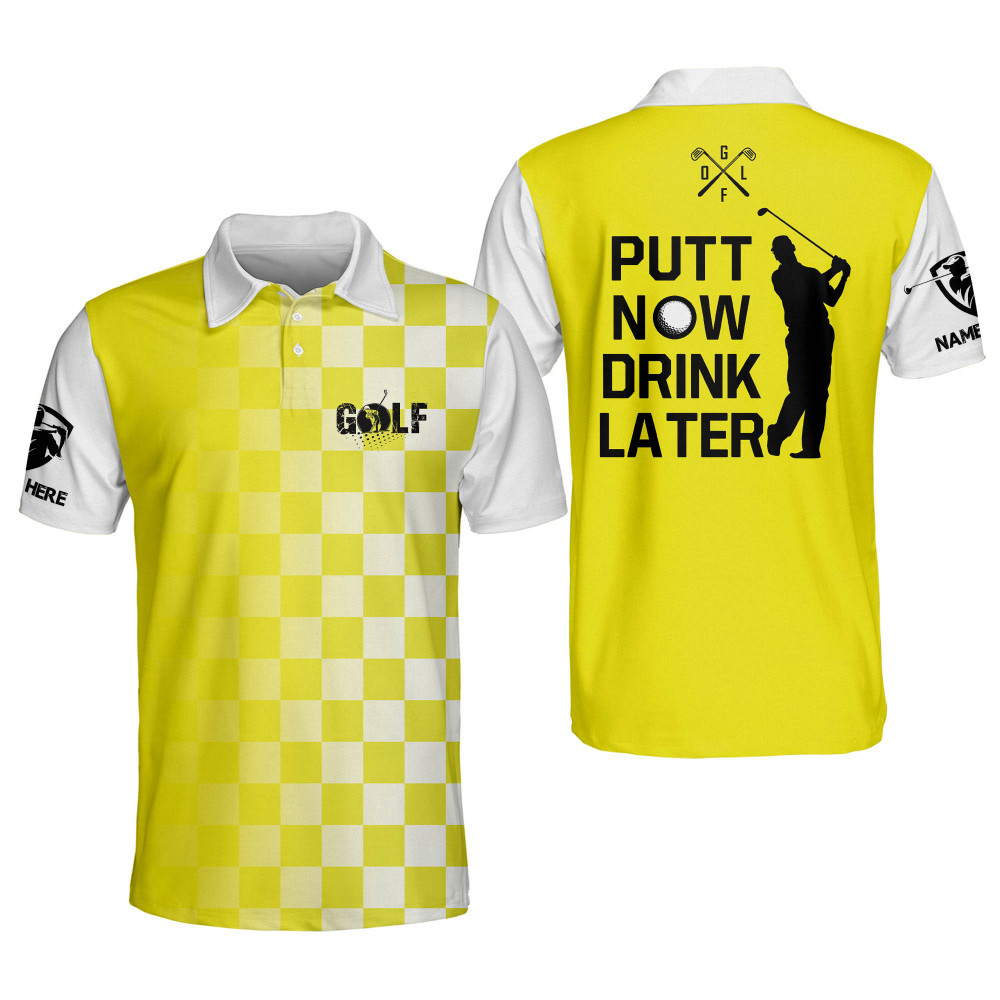 Custom Funny Golf Shirts for Men Putt Now Drink Later Mens Golf Polo Shirts Dry Fit Short Sleeve Crazy Golf Shirts for Men