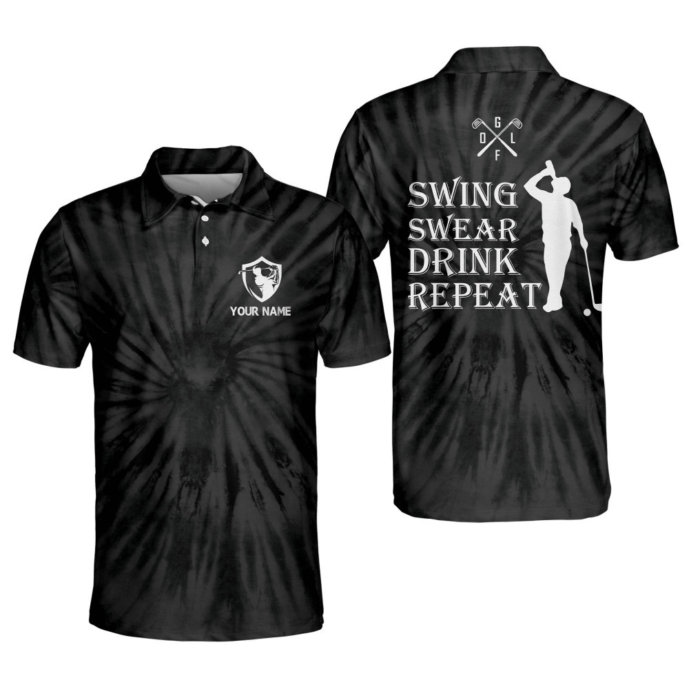 Custom Funny Golf Shirts for Men Swing Swear Drink Repeat Mens Golf Shirts Short Sleeve Polo Tie Dye Golf Shirt