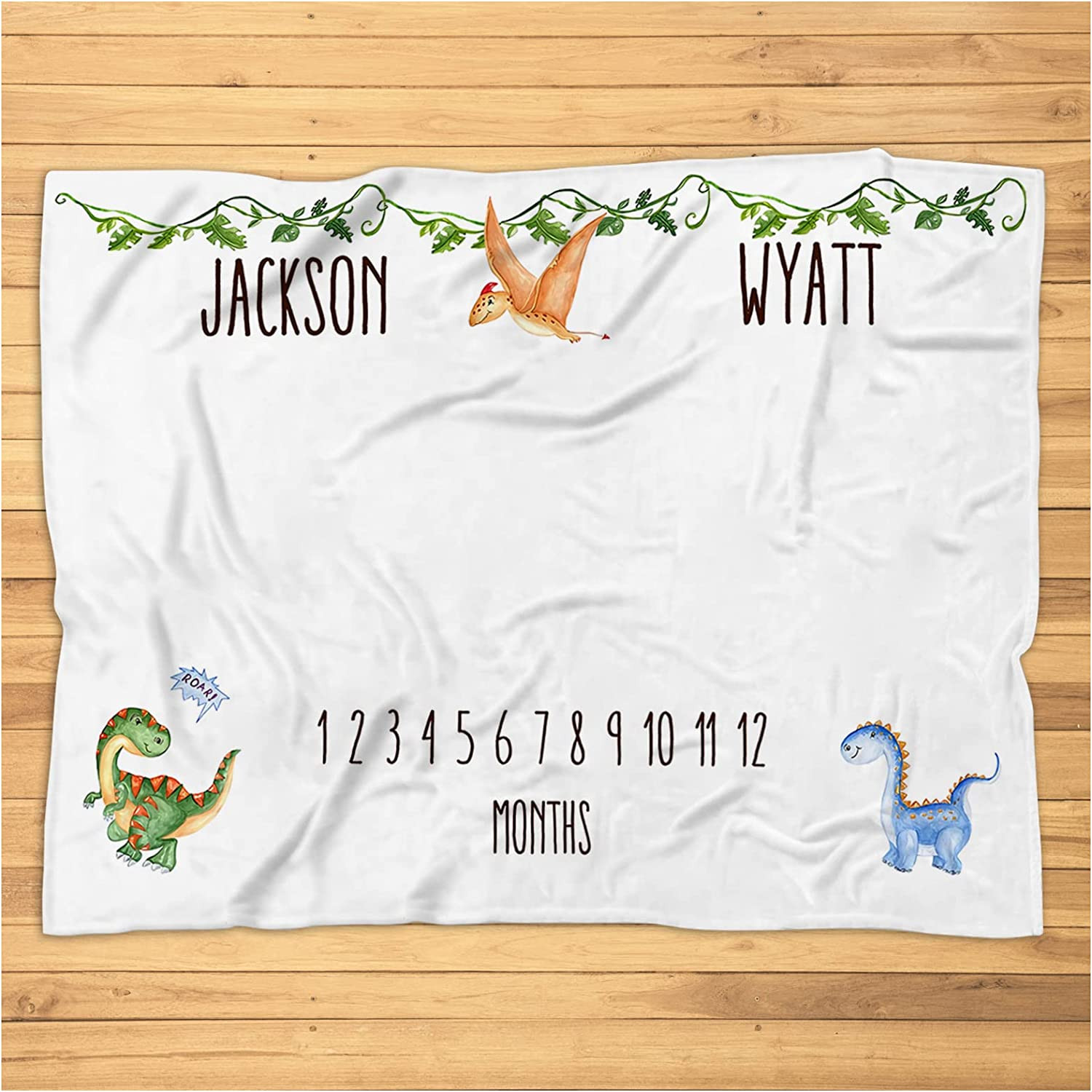 Custom Twin Dinosaur Baby Name Milestone Blanket