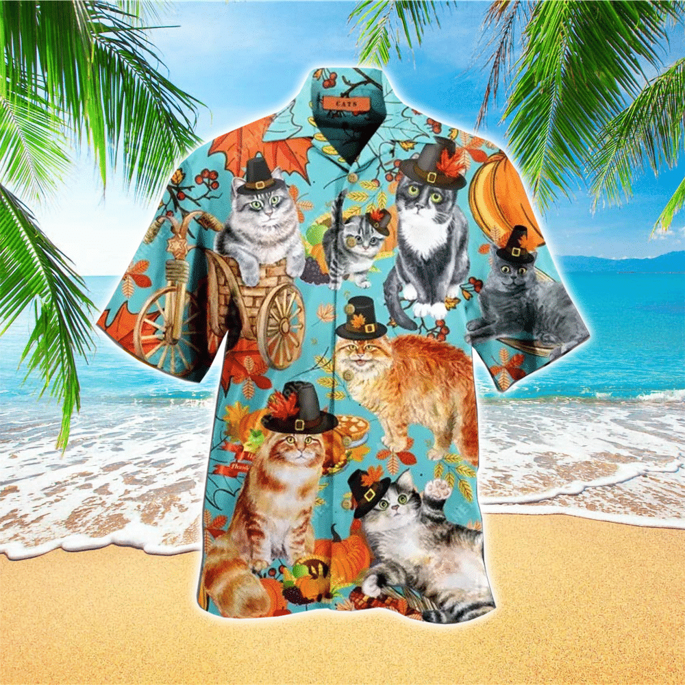 Cute Cats Happy Thanksgiving Colorful Hawaiian Shirt for Men and Women