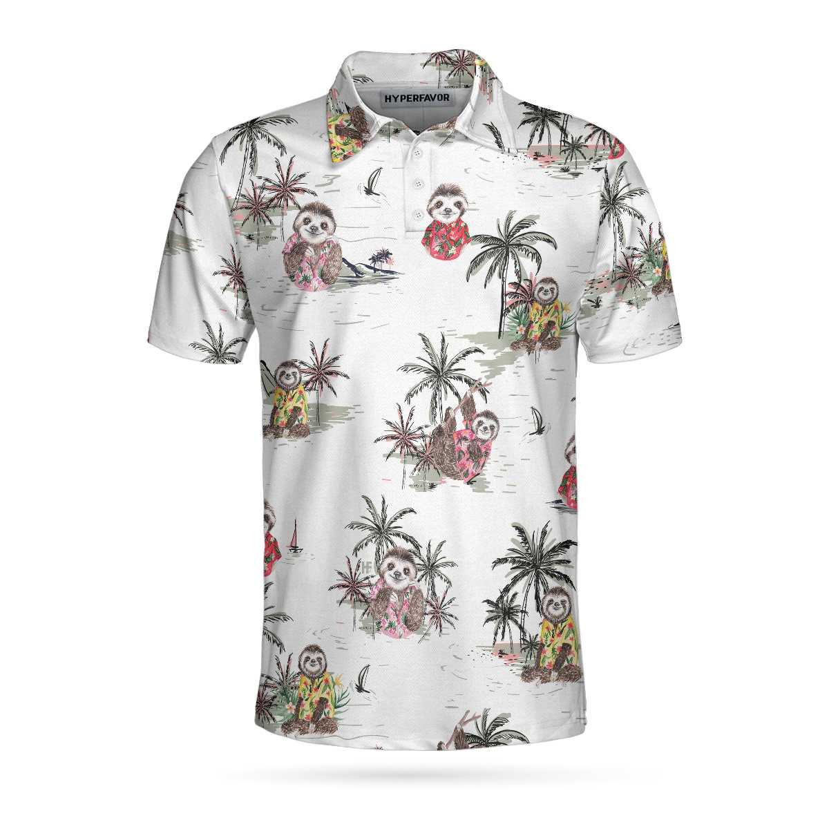 Cute Sloth With Tropical Plants Polo Shirt White Tropical Sloth Shirt For Men And Women Sloth Summer Shirt Design