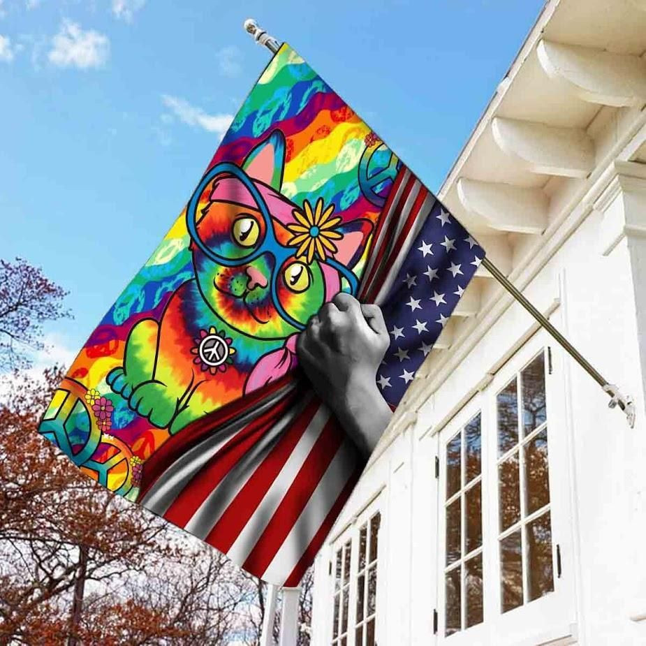 Cutie Cat Hippie In Glasses Flag American Independence Day Us Garden Flag House Flag