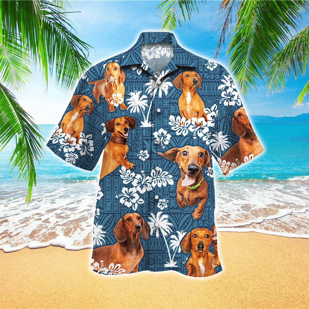 Dachshund Dog Lovers Blue Tribal Pattern Hawaiian Shirt for Men and Women