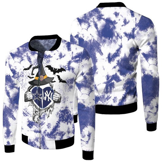 Dallas Cowboys And New York Yankees Heartbeat Love Ripped Halloween Fleece Bomber Jacket