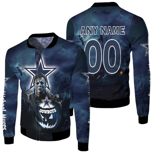 Dallas Cowboys Michael Myers Horror Halloween Custom Name Number Gift For Cowboys Fans And Halloween Lovers Fleece Bomber Jacket
