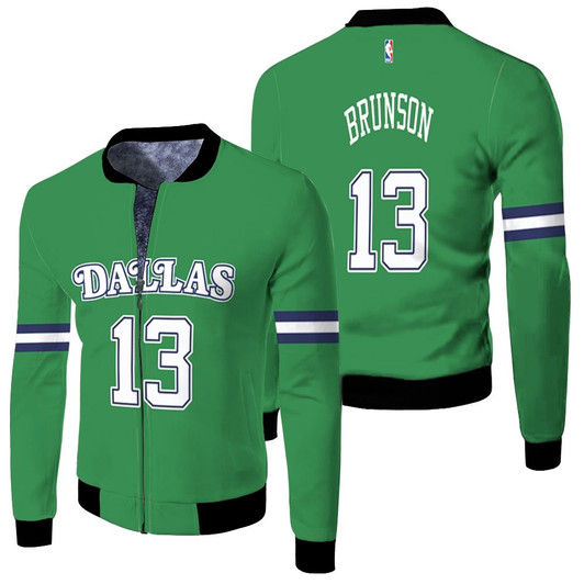 Dallas Mavericks Jalen Brunson 13 Nba 2020 Green Match Jersey Style Gift For Mavericks Fans Fleece Bomber Jacket