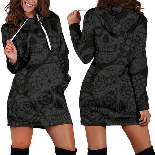 Dark Charcoal Sugar Skull Womens Hoodie Dress Sweater Dress Sweatshirt Dress 3d All Over Print For Women Hoodie