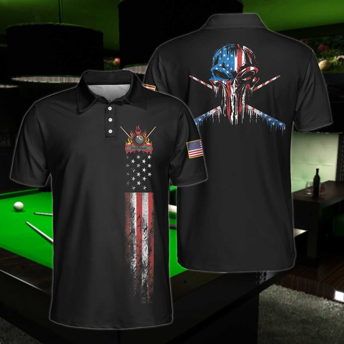 Dark Theme 8-ball Short Sleeve Wet Paint Skull Billiards Polo Shirt American Flag Billiards Shirt For Men