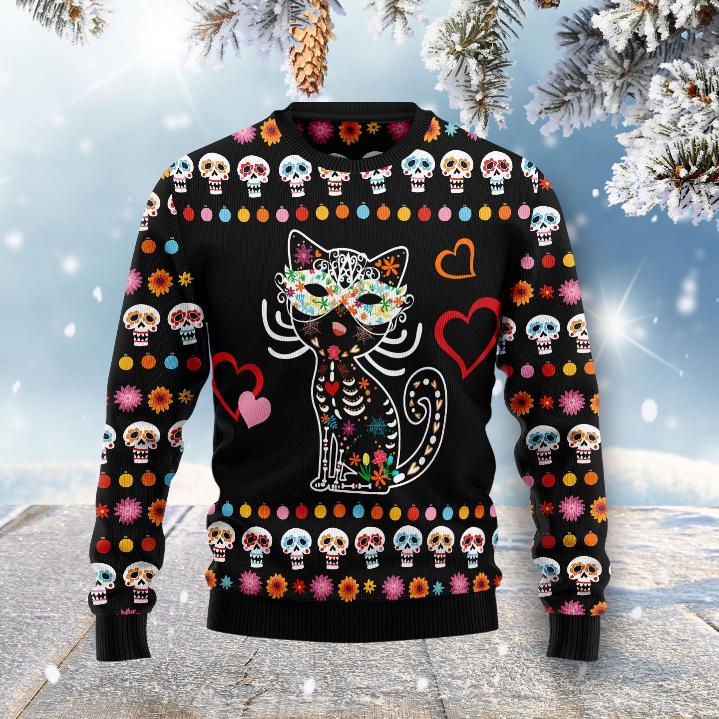 Day Of The Dead Black Cat Ugly Christmas Sweater Ugly Sweater For Men Women, Holiday Sweater