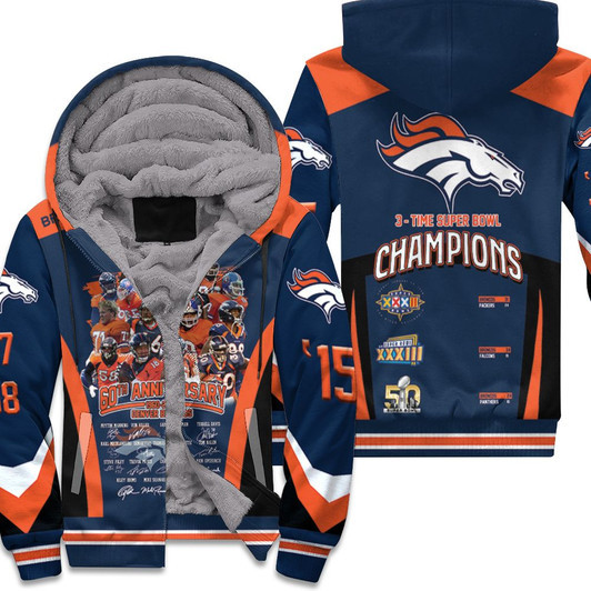 Denver Broncos 60Th Anniversary Coach And Players Signed 3D Fleece Hoodie