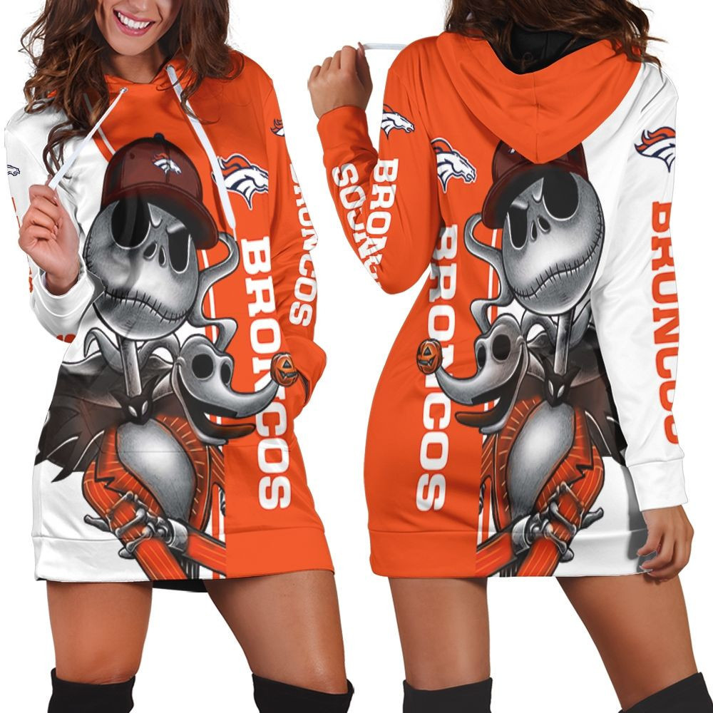 Denver Broncos Jack Skellington And Zero Hoodie Dress Sweater Dress Sweatshirt Dress