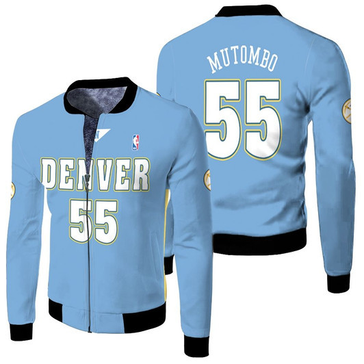 Denver Nuggets Dikembe Mutombo 55 2003-04 Light Blue Match Jersey Style Gift For Nuggets Fans Fleece Bomber Jacket