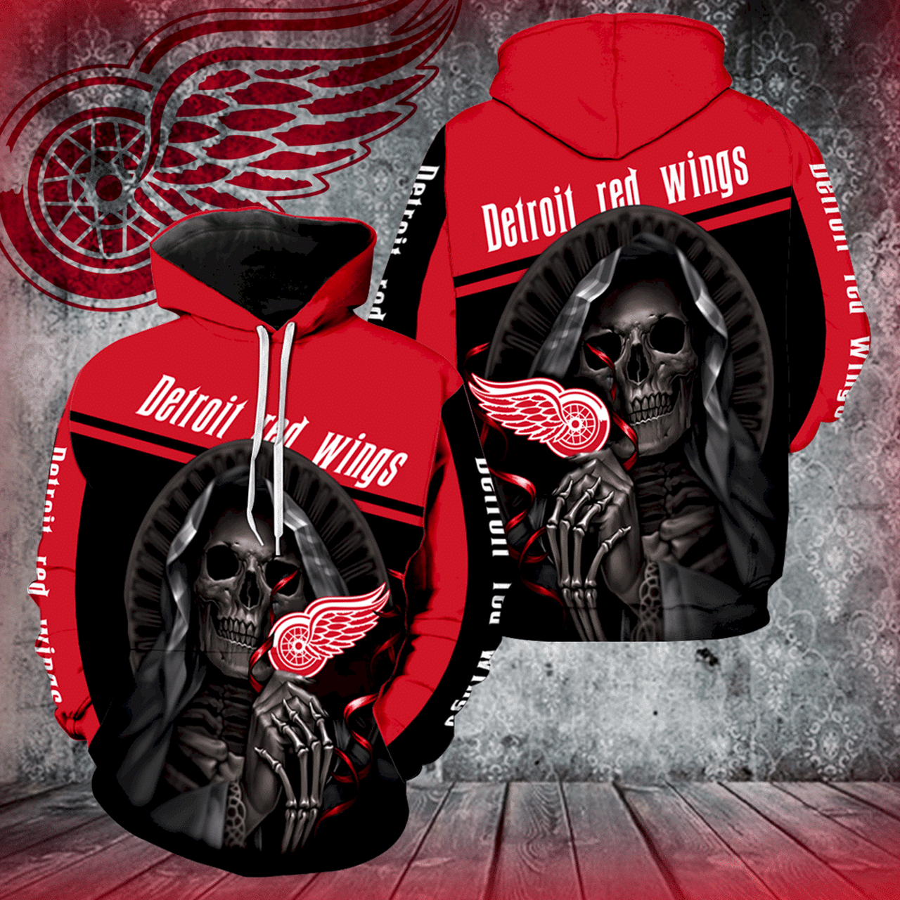 Detroit Red Wings Skull New All Over Print V1244 Hoodie And Zipper