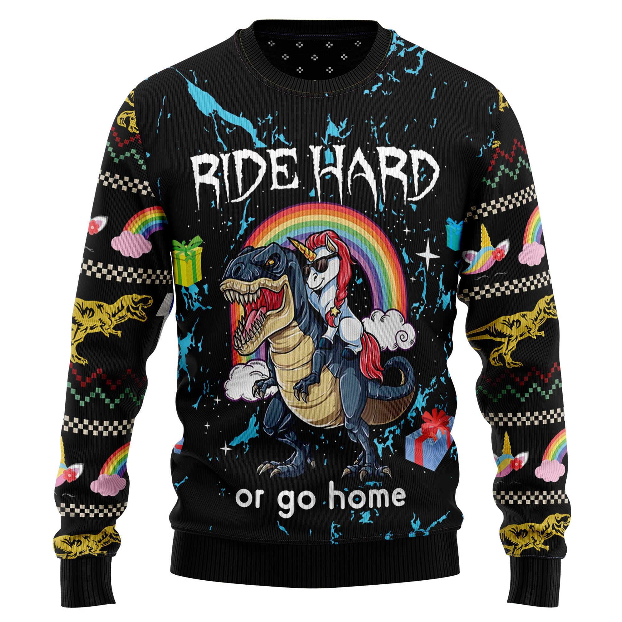 Dinosaur Unicorn Ride Hard Ugly Christmas Sweater, Ugly Sweater For Men Women, Holiday Sweater