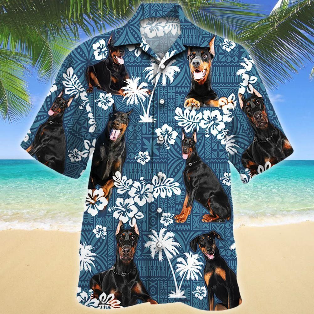 Doberman Pinscher Dog Lovers Blue Tribal Aloha Hawaiian Shirt Colorful Short Sleeve Summer Beach Casual Shirt For Men And Women