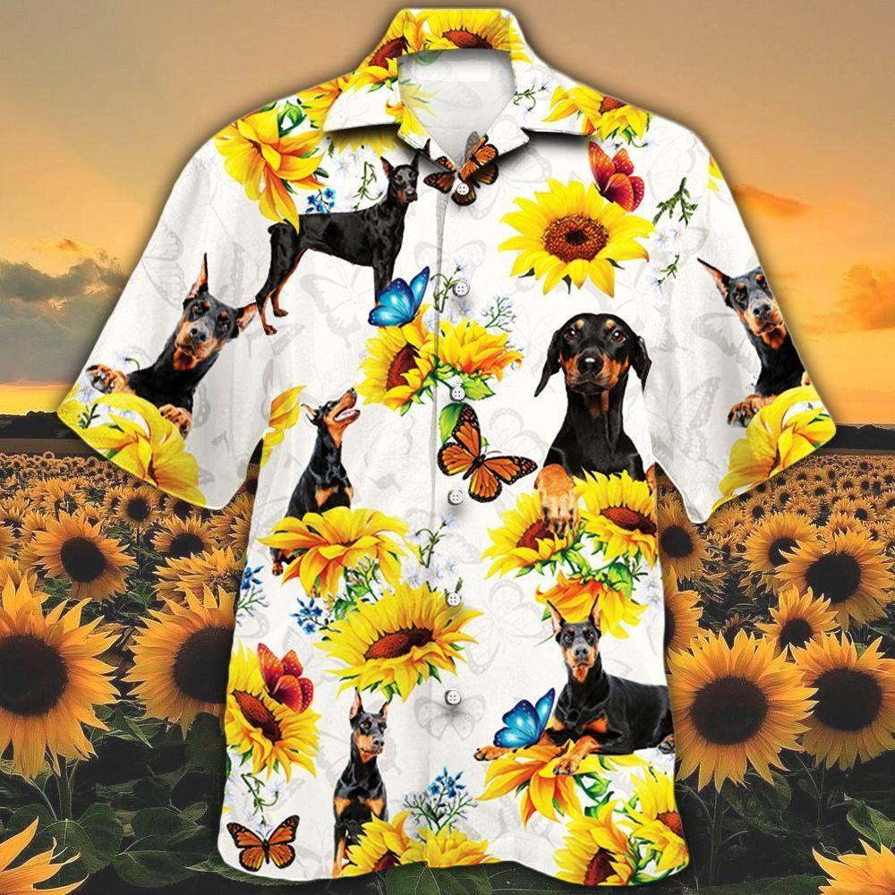 Doberman Pinscher Dog Lovers Sun Flower Aloha Hawaiian Shirt Colorful Short Sleeve Summer Beach Casual Shirt For Men And Women