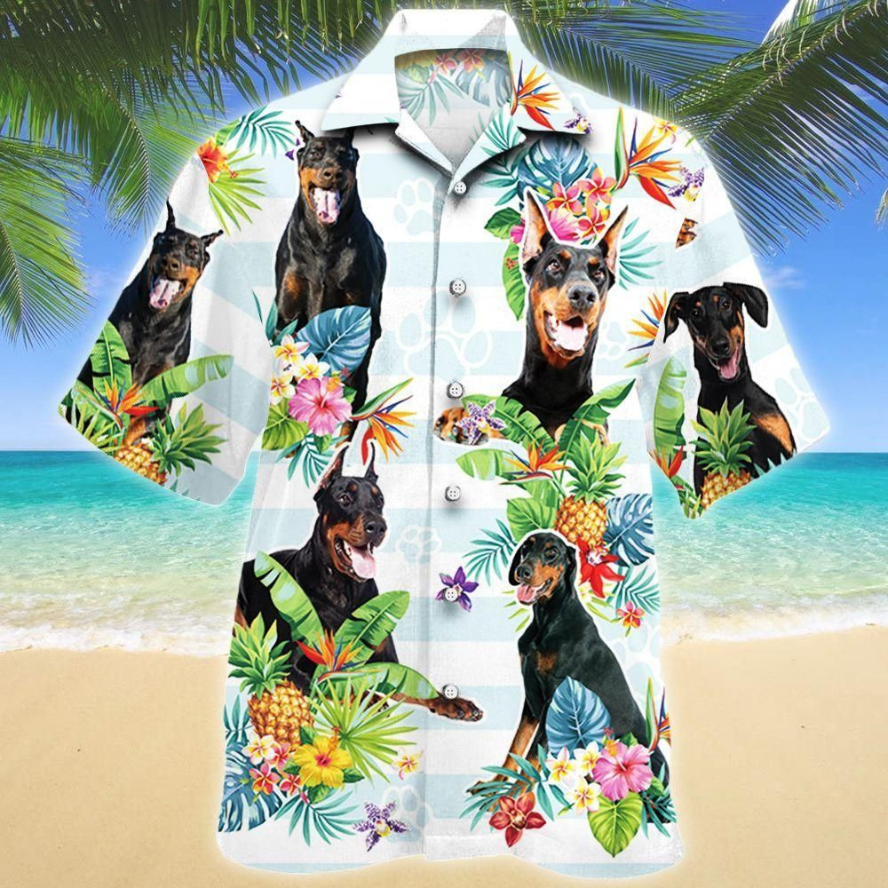 Doberman Pinscher Dog Tropical Flower Aloha Hawaiian Shirt Colorful Short Sleeve Summer Beach Casual Shirt For Men And Women