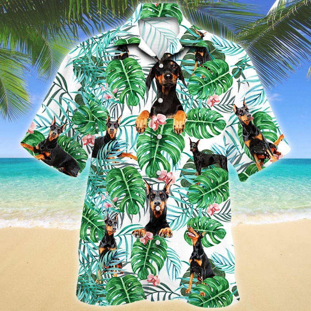 Doberman Pinscher Dog Tropical Plant Aloha Hawaiian Shirt Colorful Short Sleeve Summer Beach Casual Shirt For Men And Women